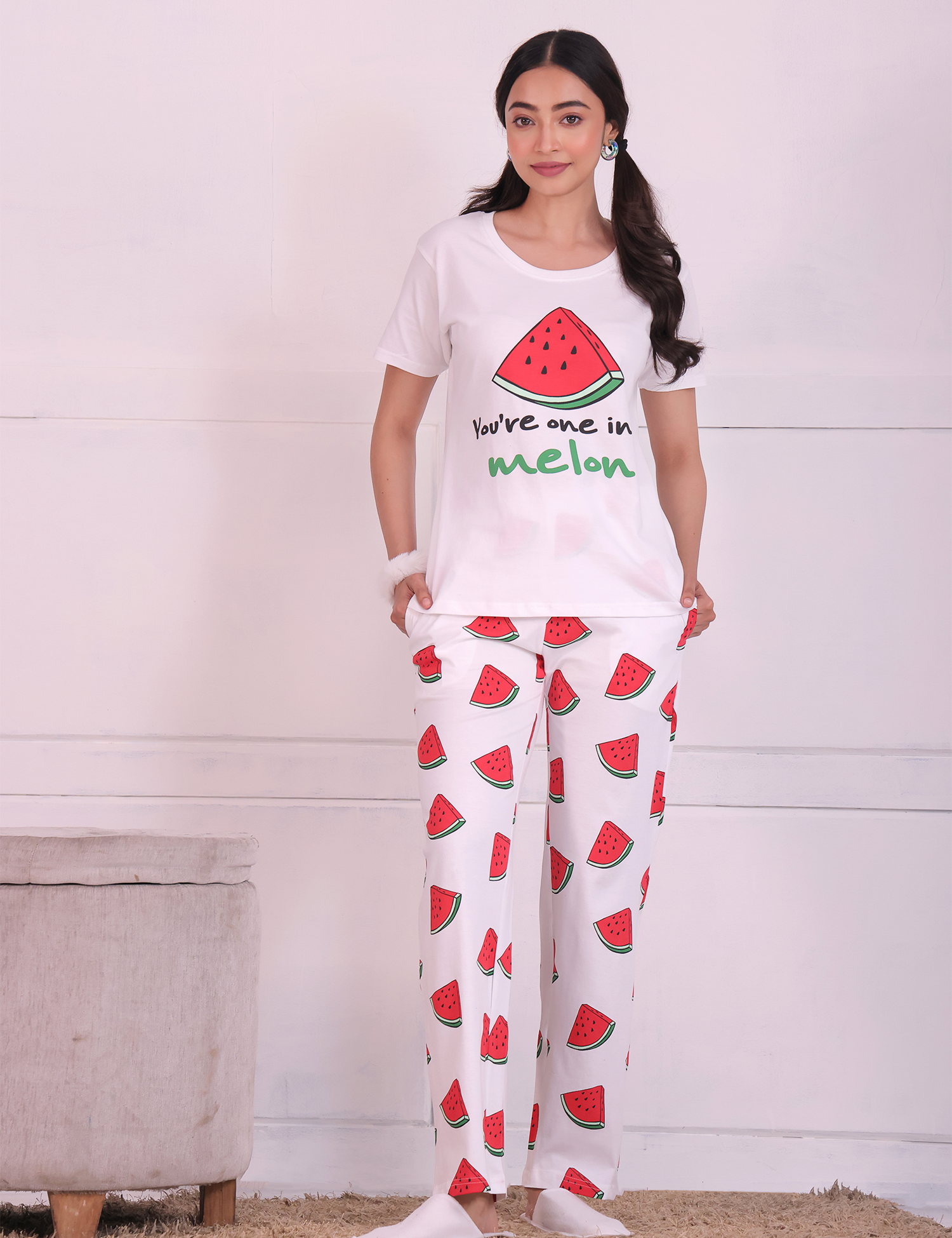 A Girl Wearing a Melon Fruit Print Nightwear Pyjama & T-shirt Set by Napstory