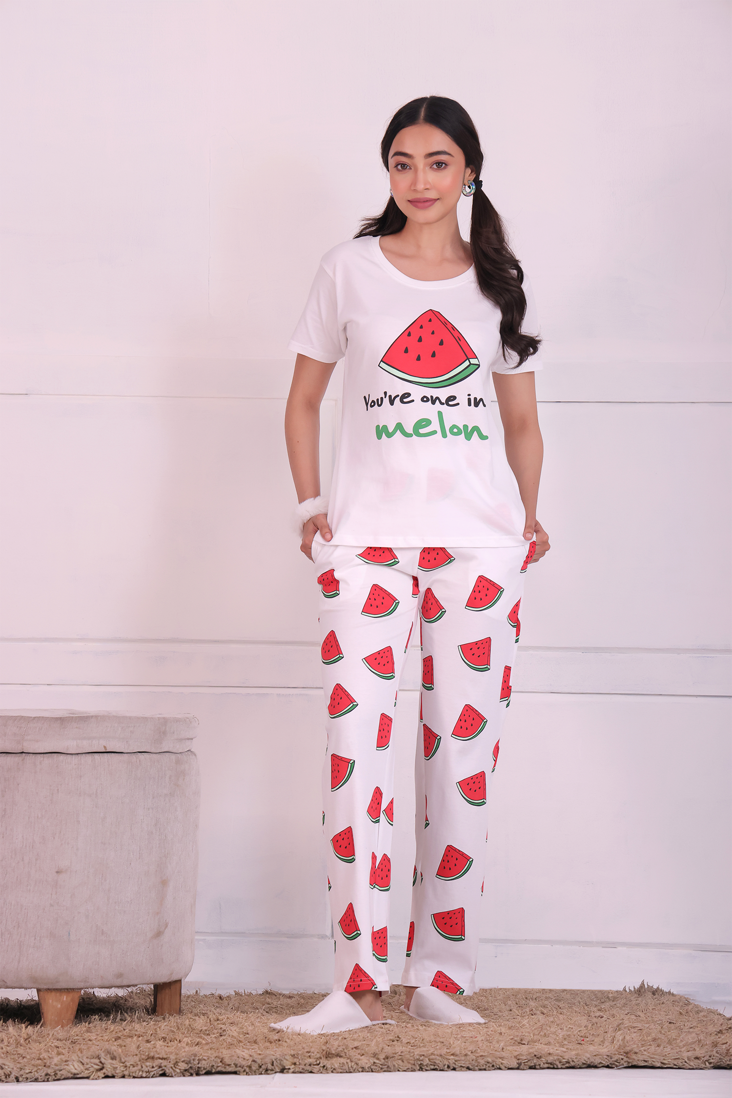 A Girl Wearing a Melon Fruit Print Nightwear Pyjama & T-shirt Set by Napstory