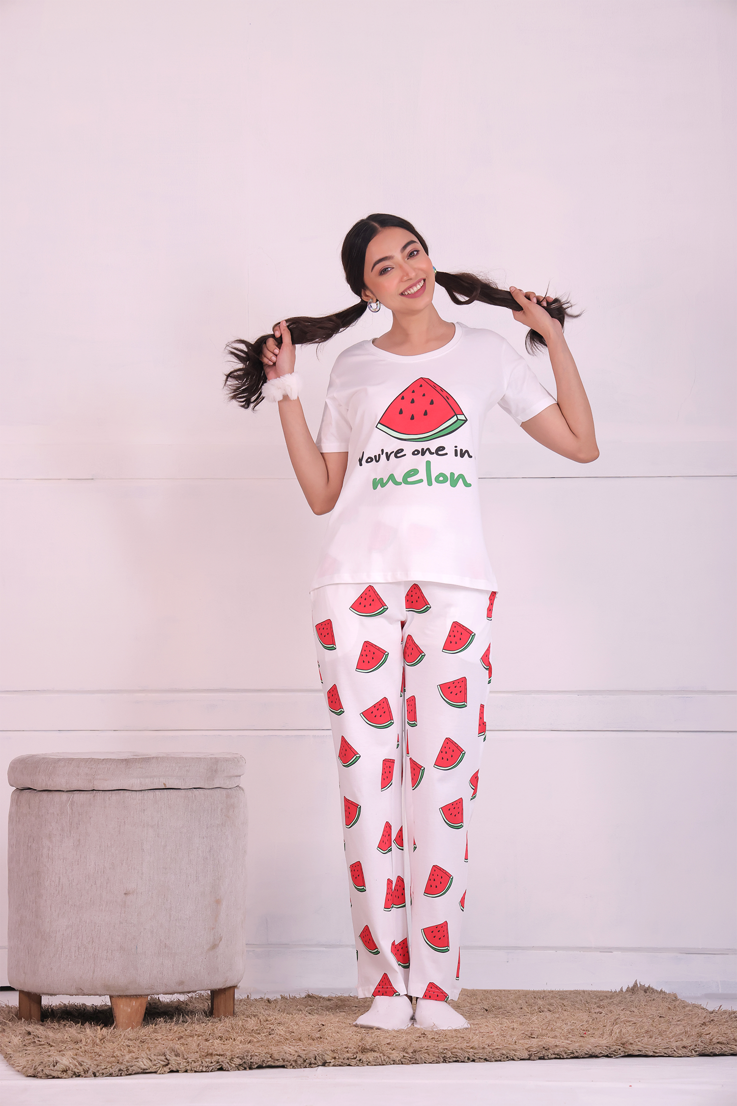 A Girl Flaunting a Melon Fruit Print Nightwear Pyjama & T-shirt Set by Napstory