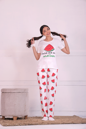 A Girl Flaunting a Melon Fruit Print Nightwear Pyjama & T-shirt Set by Napstory