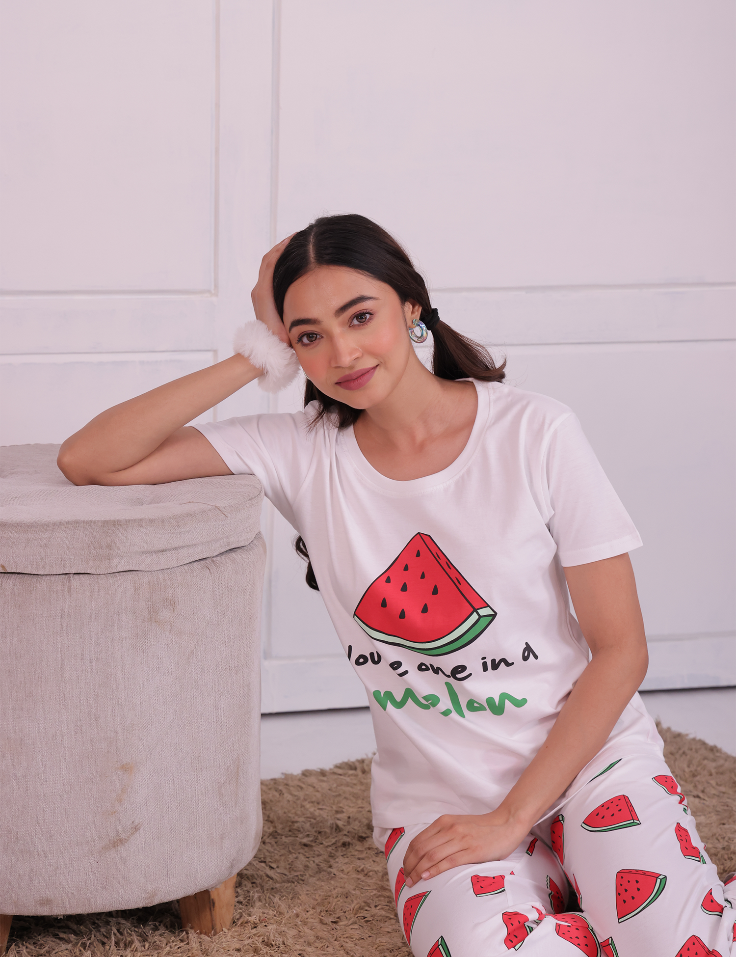 A Girl Sitting in a Melon Fruit Print Nightwear Pyjama T-shirt Set by Napstory