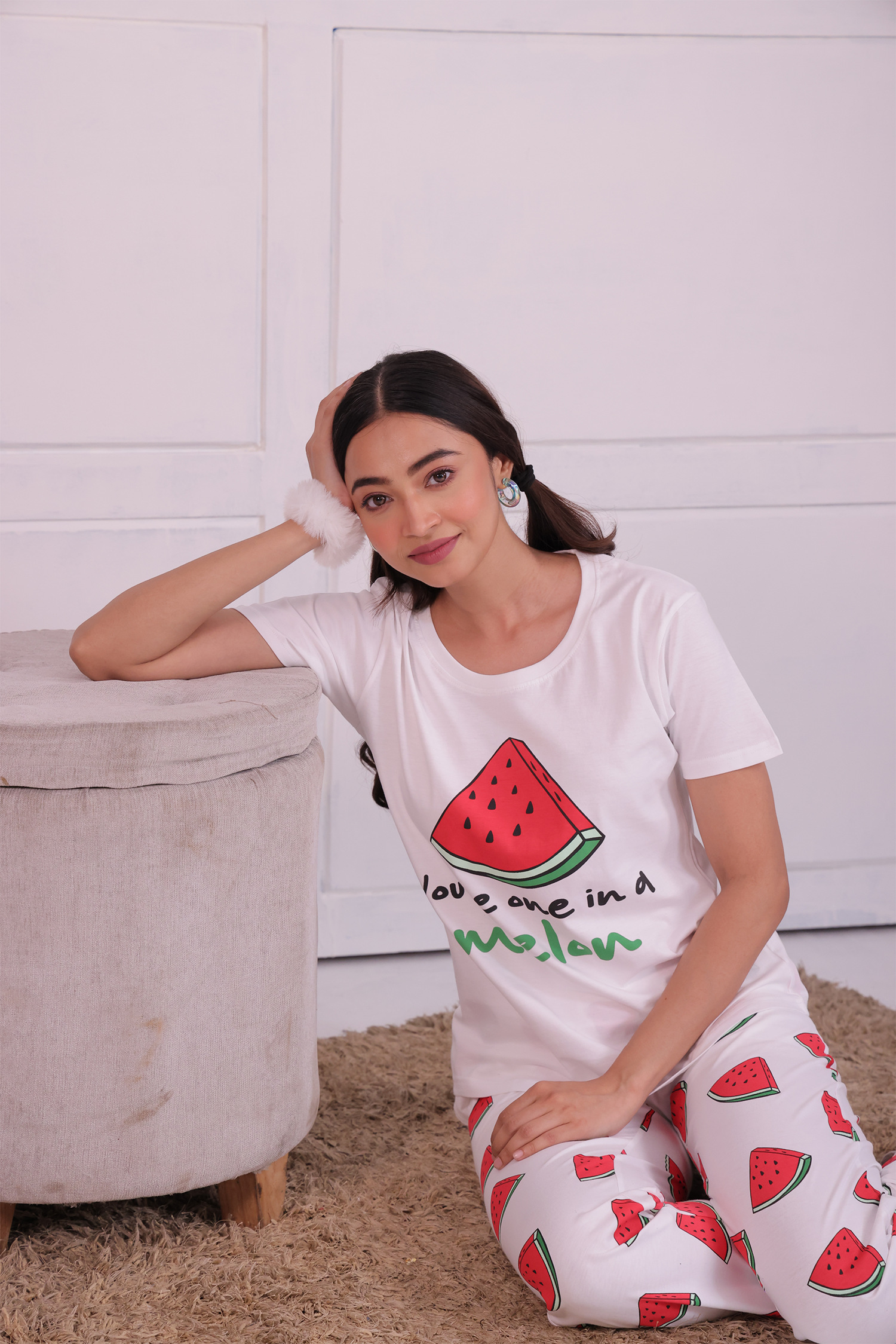 A Girl Sitting in a Melon Fruit Print Nightwear Pyjama T-shirt Set by Napstory