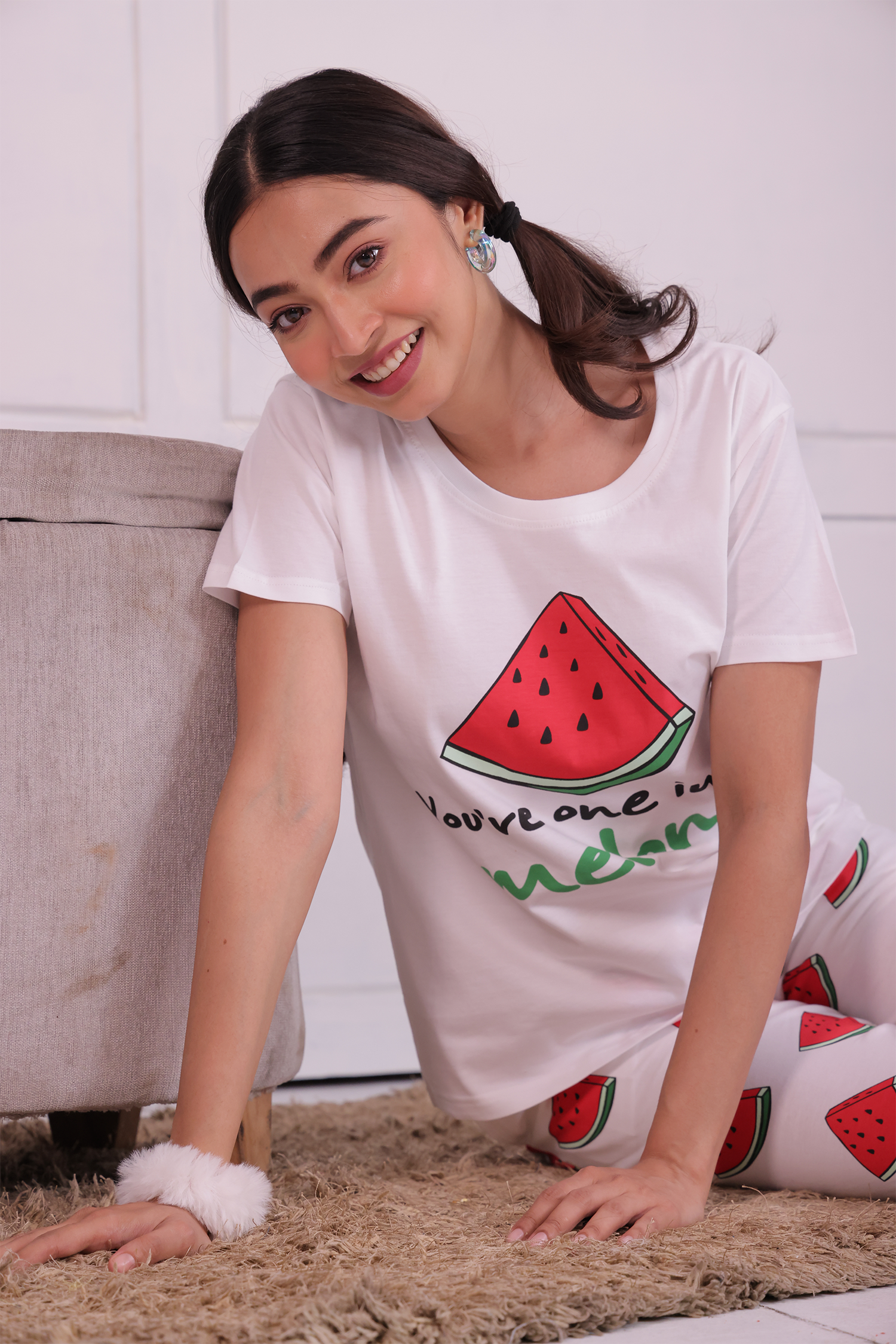 A Girl Sitting in a Melon Fruit Print Nightwear Pyjama & T-shirt Set by Napstory