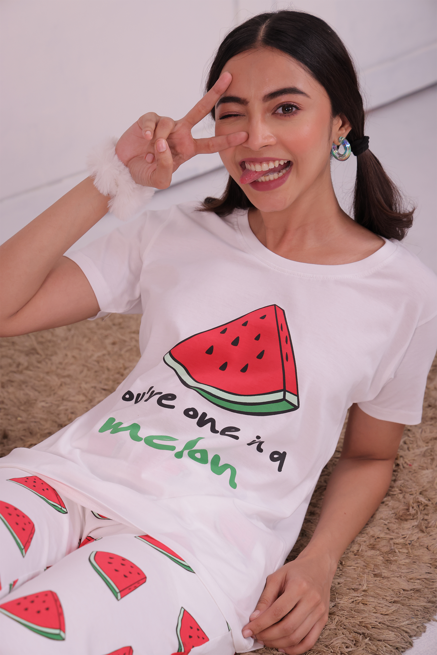 A Girl Posing in a Melon Fruit Print Nightwear Pyjama & T-shirt Set by Napstory