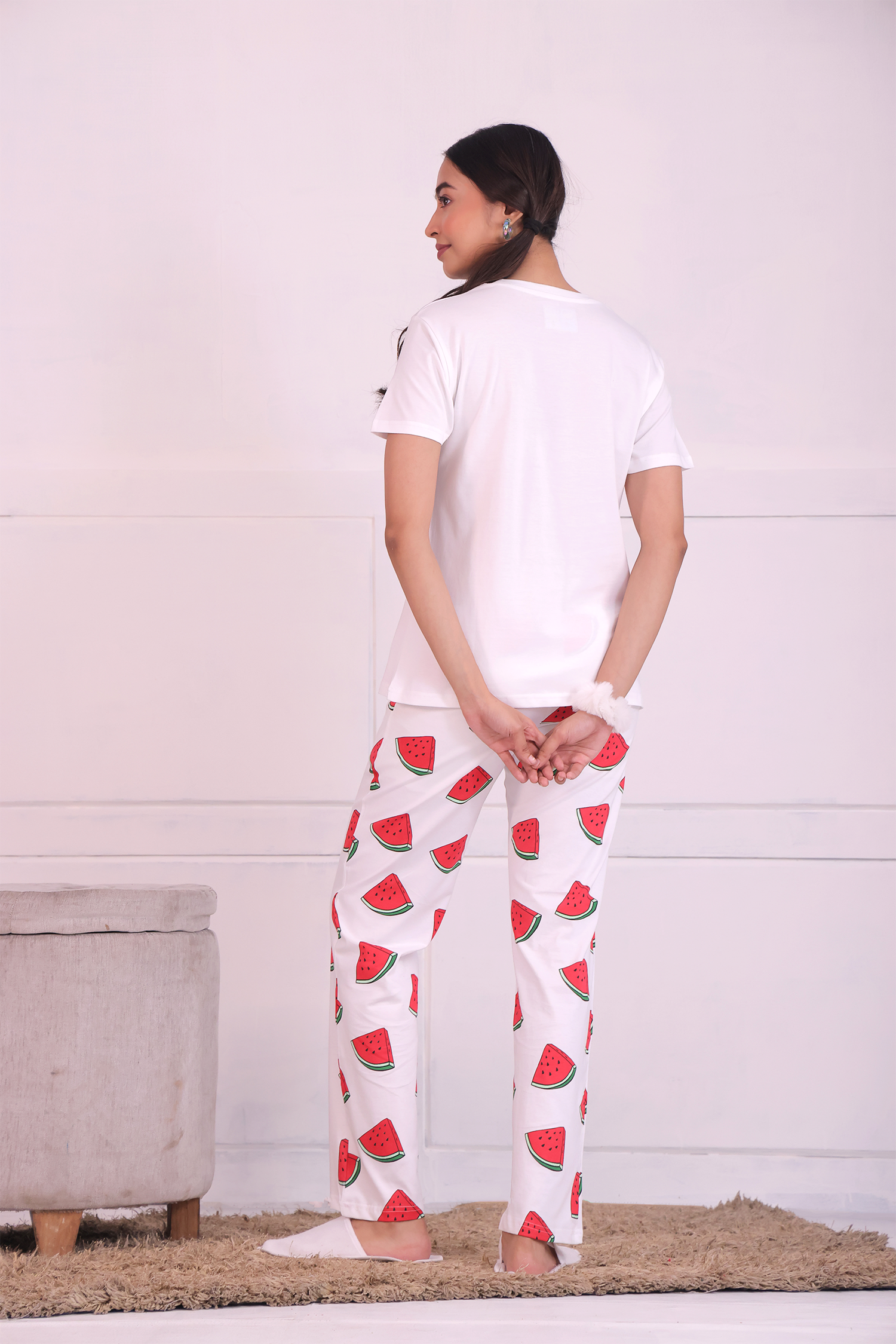 Back View of Girl Wearing a Melon Fruit Print T-shirt and Pyjama Nightwear set by Napstory